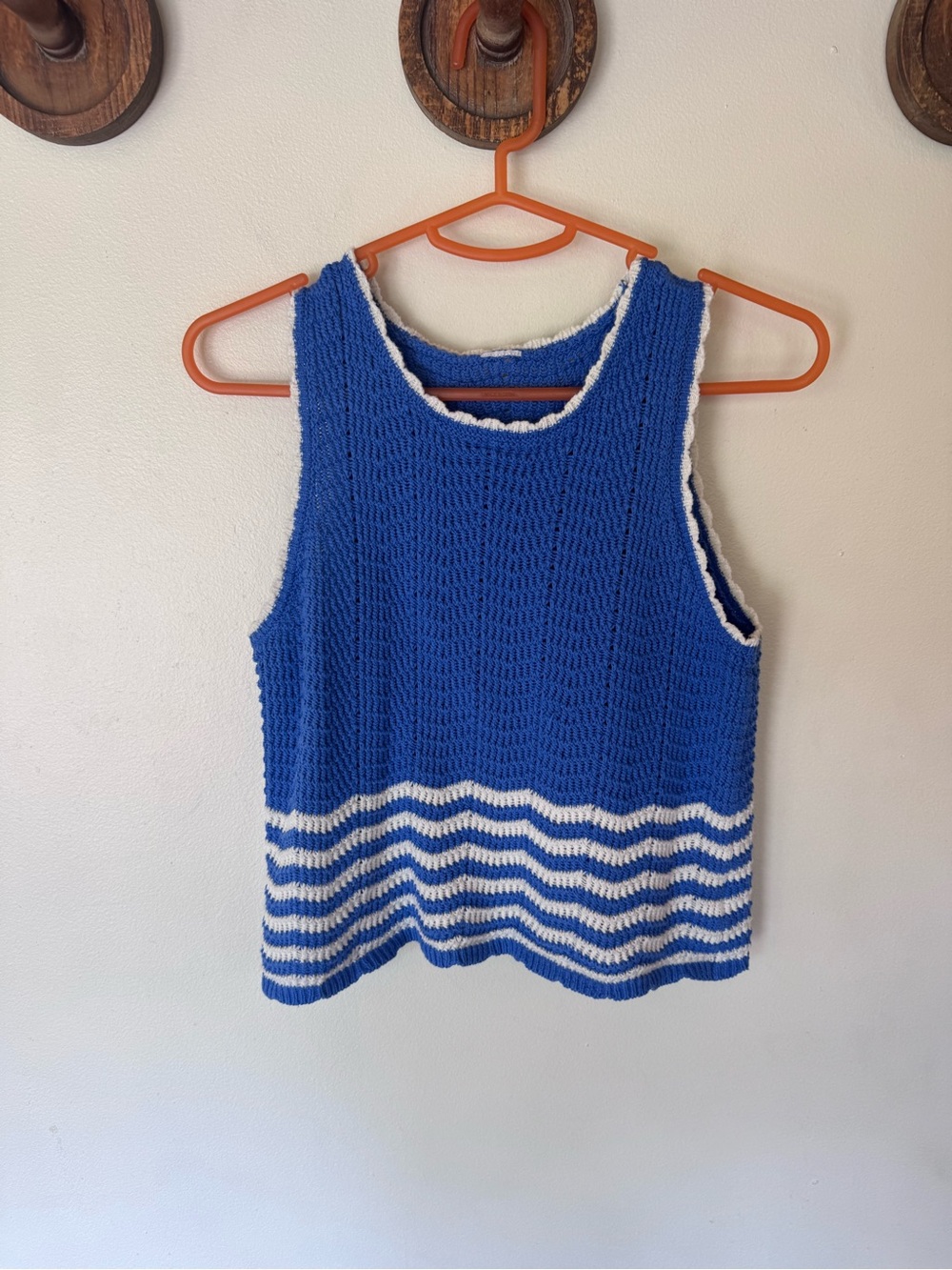 Striped Blue Crochet knit Tank Top with White scalloped Trim size small